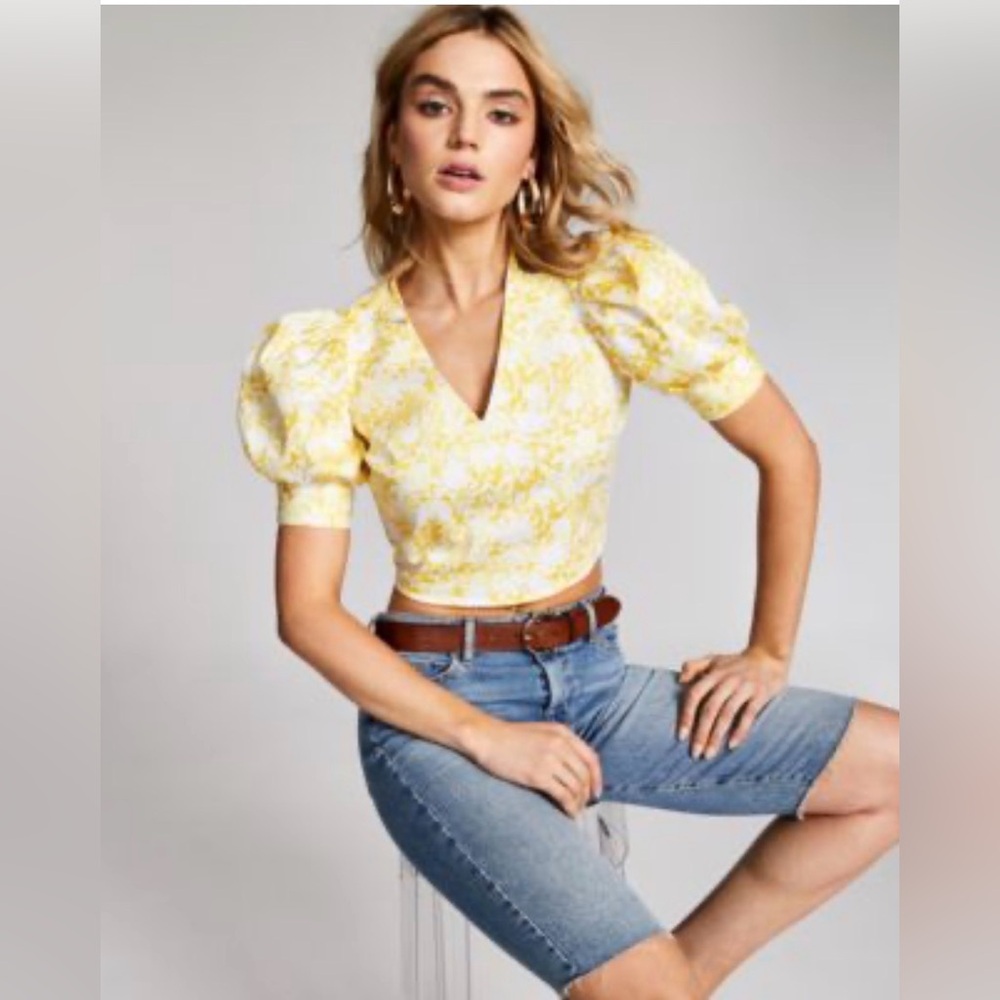 INC International Concepts Yellow Floral Petite Puff-Sleeve Crop Top Size Medium